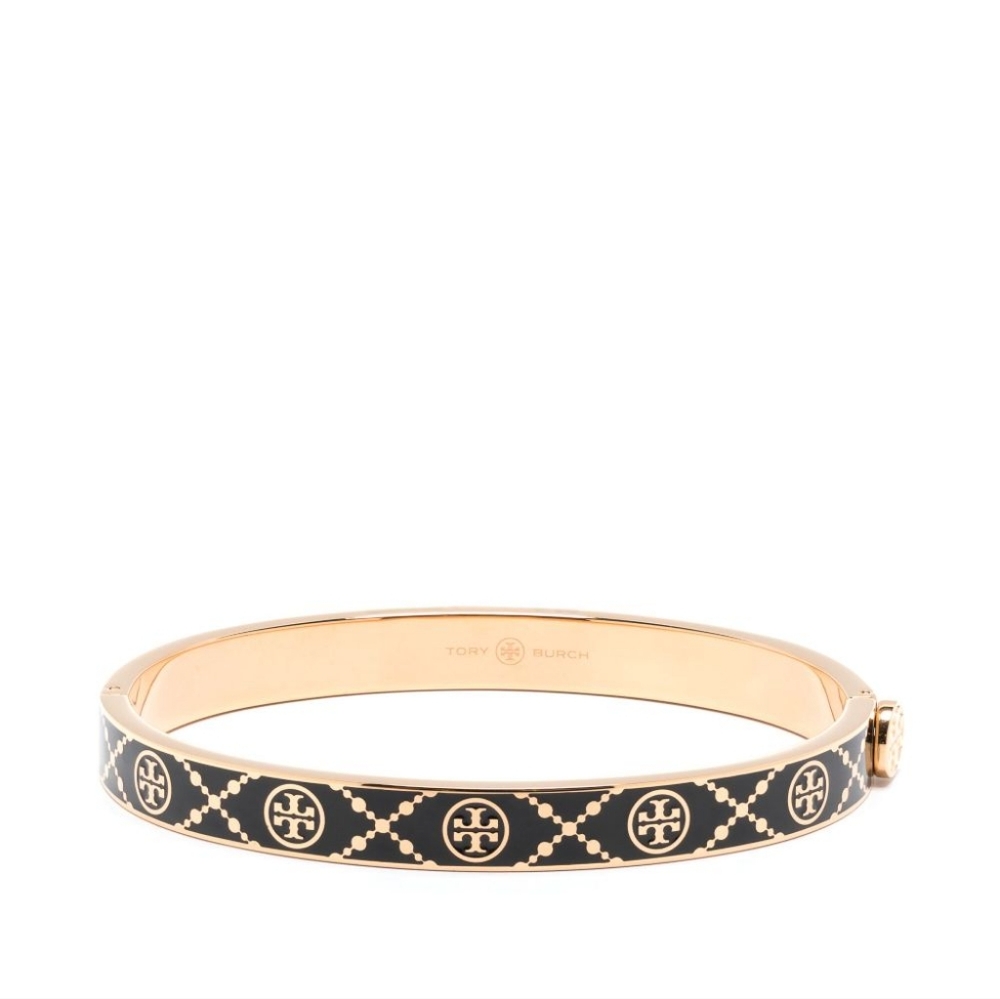 Tory Burch Black and Gold Logo Enamel Bangle Bracelet